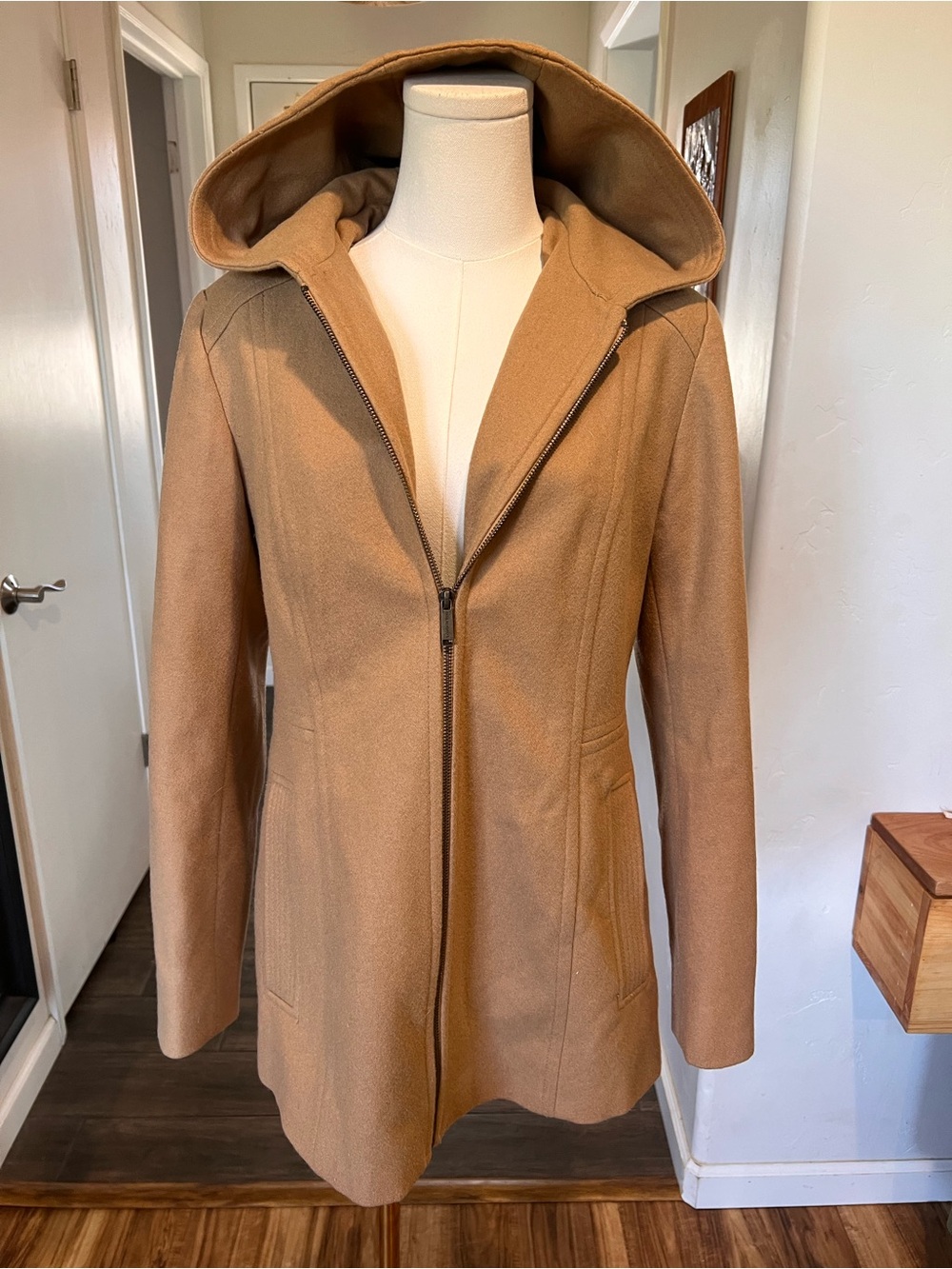 London Fog Wool Blend Hooded Trench Coat in Camel